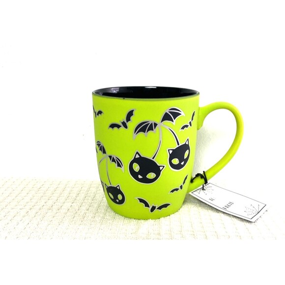 Cobwebs & Cauldrons Halloween Coffee Mug Apple Green Soft Touch Cherry Cats Bats - Picture 2 of 7